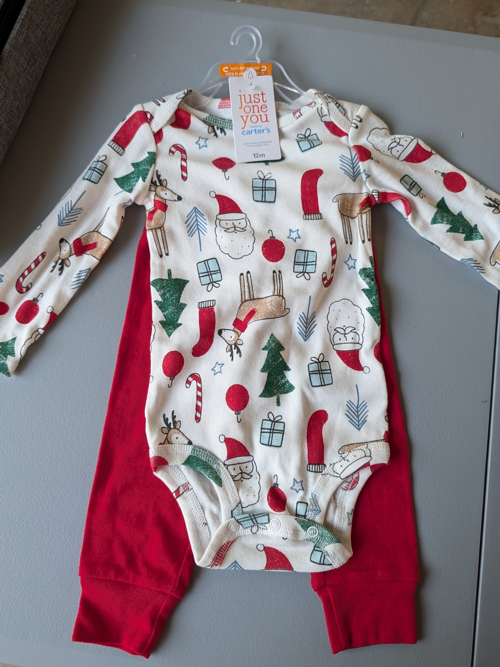 Carter's White & Red Christmas Holiday Print One-Piece with Red Pants Reindeer